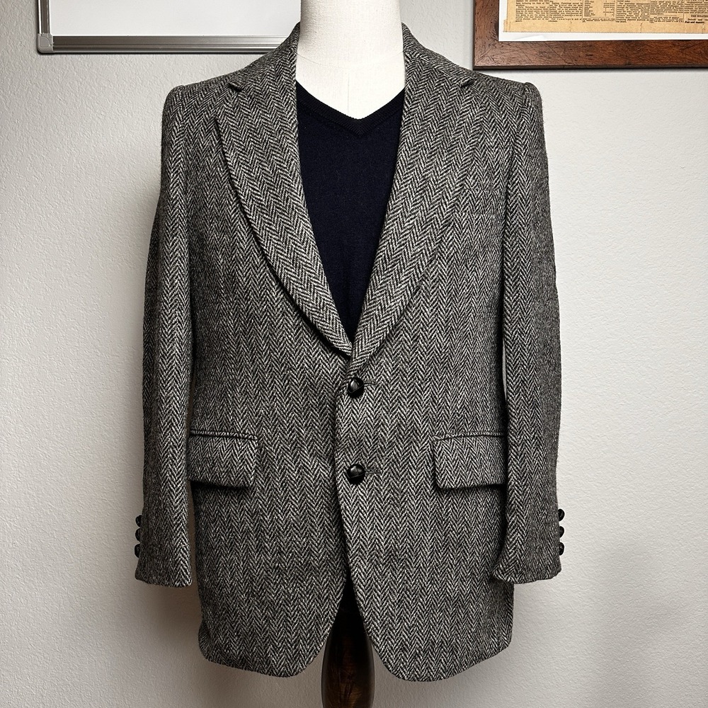 Vintage Harris Tweed Blazer Men 36S Gray Herringbone Handwoven Scottish Wool USA